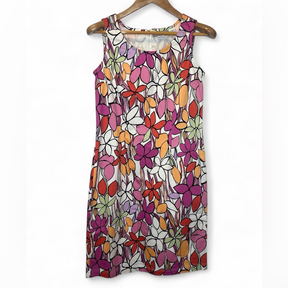 Ann Trinity Sleeveless Floral Shift‎ Dress 6 Stretch Cotton Groovy 70s Aesthetic